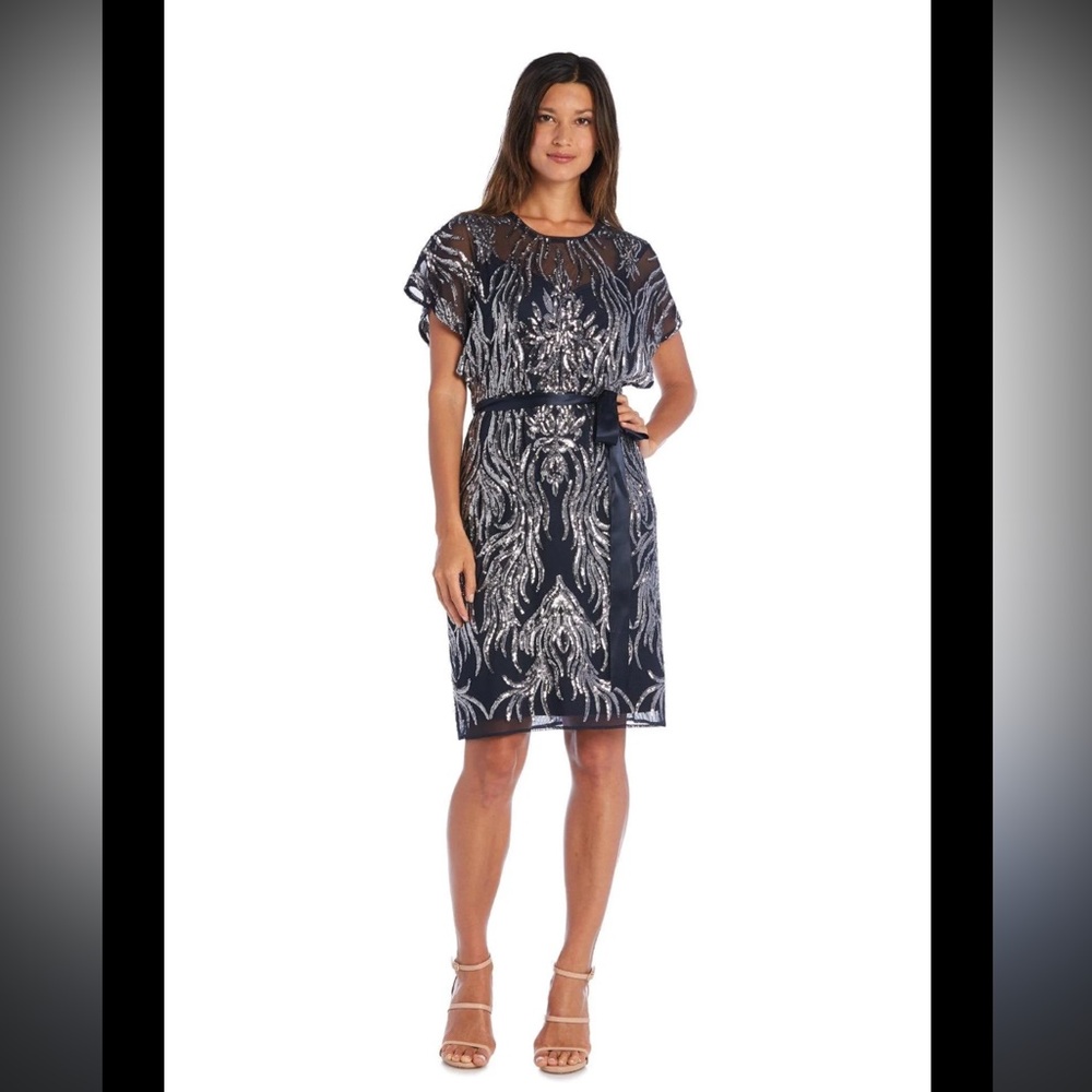 NWT Women’s Formal Dress Size 12 R&M Richards Navy Mesh Sequins plus Aldo belt